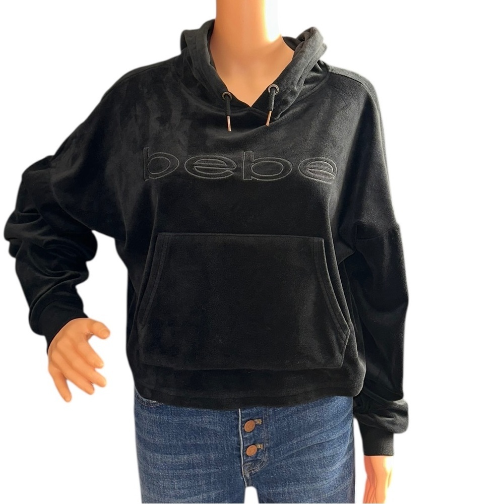 Bebe Women’s Y2K Cropped Sport Plush Black Hoodie ~ Size M - Picture 6 of 11